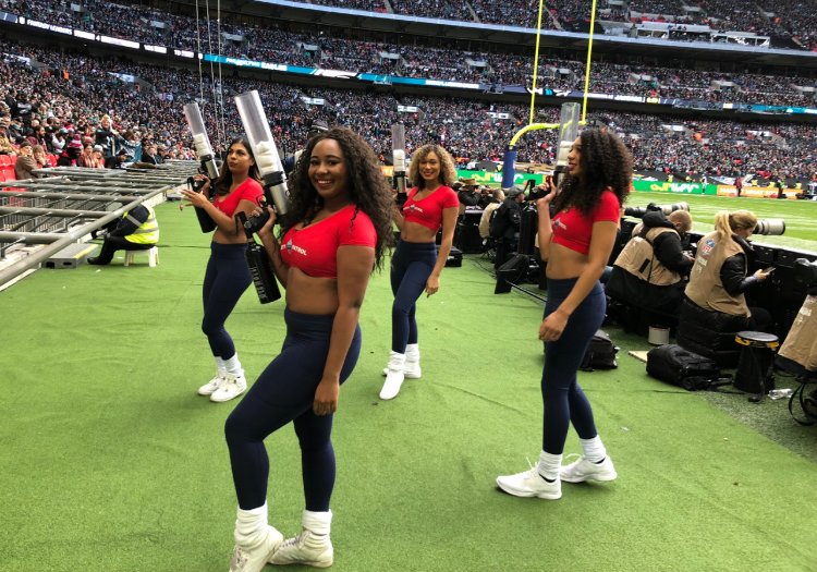 Party Patrol stand ready with their T-shirt cannons at the NFL - Wembley