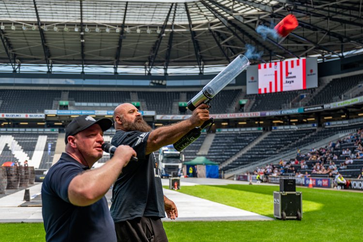 Stadium MK hosts UK Ultimate Strongman 2021 with a powerful performance from Tshirtgun.co.uk's T-shirt cannons