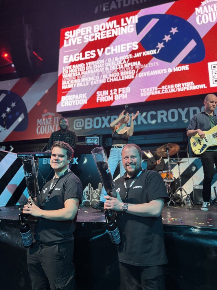 Boxpark Televise NFL Superbowl Game Live With T-shirt Cannons For Pre-Game Incentive